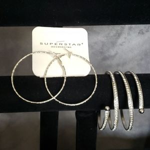 Rhinestone Hoop Earrings & Cuff Bracelet (Silver)